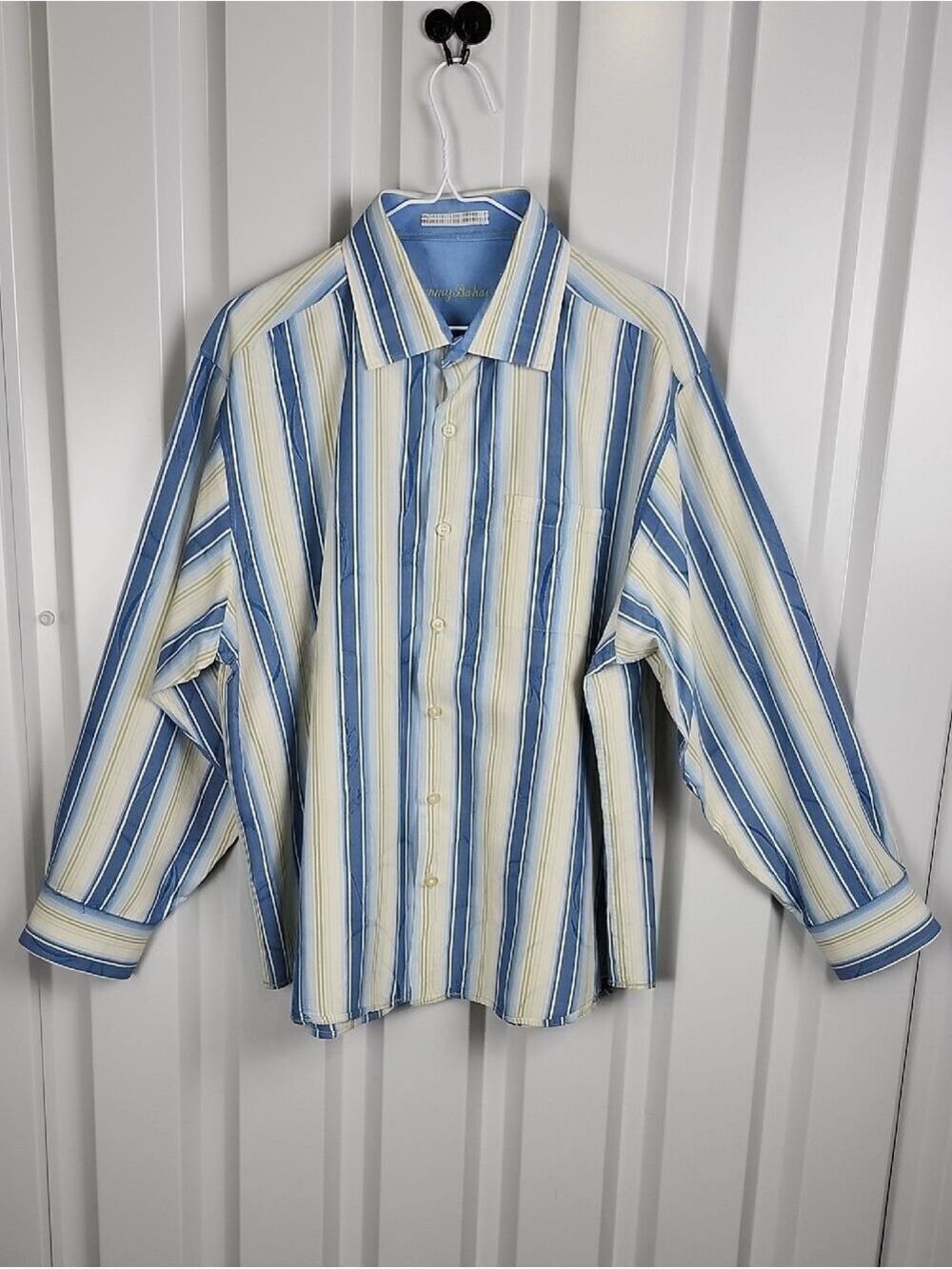 Tommy Bahama Mens Blue Green Vertical Stripe Silk Button-Down Shirt Size XL EUC